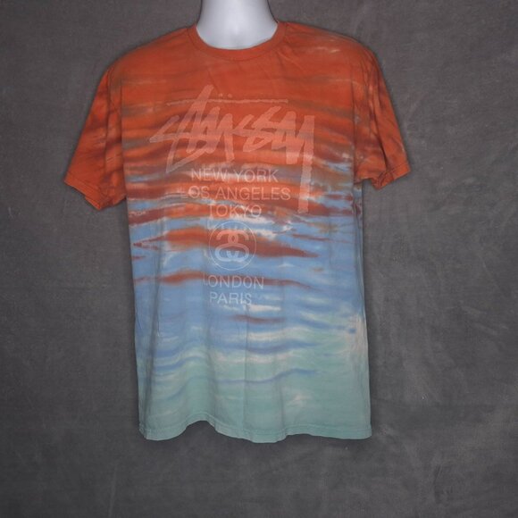 Stussy Graphic T-Shirt L Orange Blue Urban Style Short Sleeve Crew Neck - Picture 2 of 6